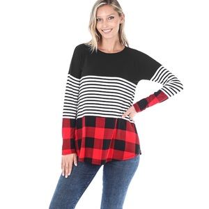 New Zenana Buffalo Plaid Stripe Splicing Tunic